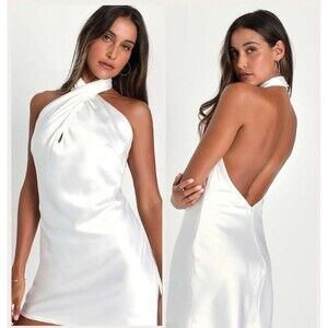 Lulus Beyond Classy White Satin Halter Mini Dress Size Small Bridal Bachelorette